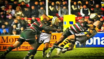 Leicester Tigers' Alesana Tuilagi is tackled by London Wasps' Alex