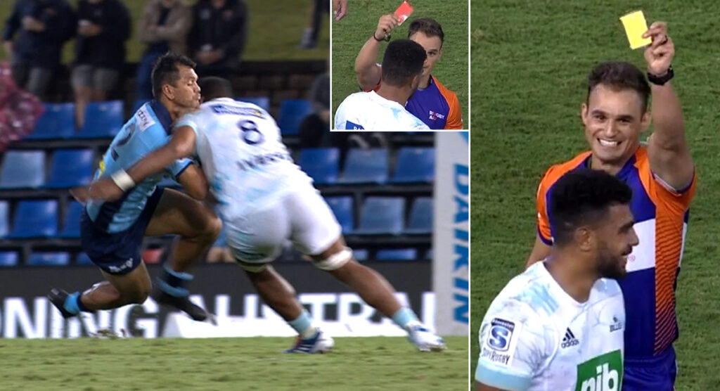 Referee gets it comically wrong as thumping hit produces cards blooper